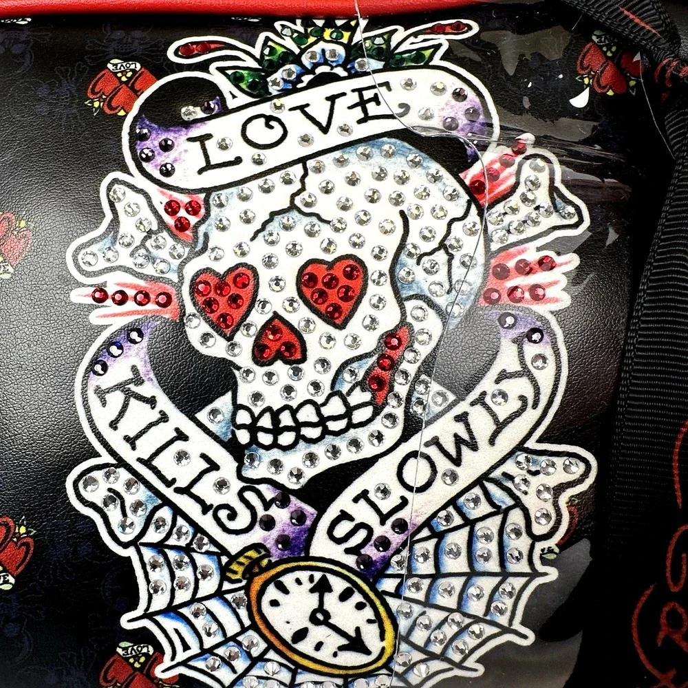Ed Hardy Cosmetic Bag 2 Piece Set‎ Rhinestone Skull Hearts Tattoo Style NWT